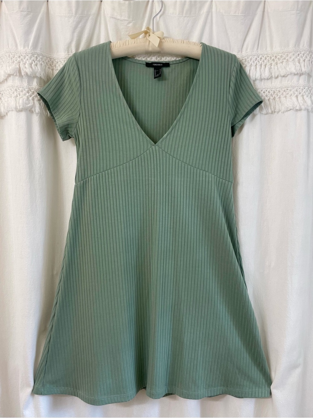 Forever 21 Sage Green Ribbed V-Neck Mini Dress